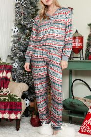 Green Christmas Tree Print Patchwork Color Contrast Pajama Set (Color: White)