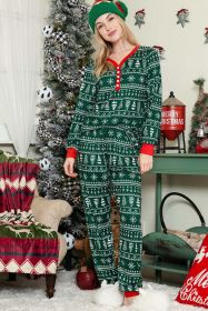 Green Christmas Tree Print Patchwork Color Contrast Pajama Set (Color: Green)