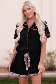 Black Leopard Long Sleeve Shirt and Shorts Lounge Set (Color: Black)