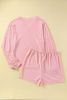 Pink Swiss Dot Split Neck Long Sleeve Top and Shorts Lounge Set