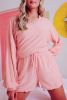 Pink Swiss Dot Split Neck Long Sleeve Top and Shorts Lounge Set